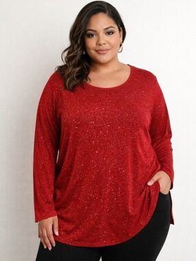 MAXIMA USA long sleeve blouse Woman’s 2X red with silver sparkles vented hem